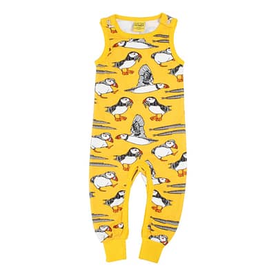 DUNS Sweden puffins on yellow dungarees