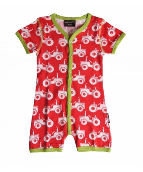Red tractor shortie summer romper suit by Maxomorra