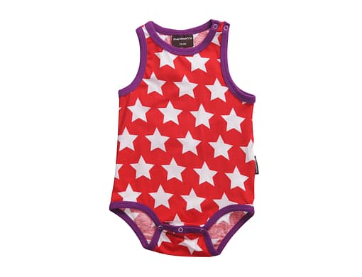 Colourful unisex baby vest in red star print by Maxomorra