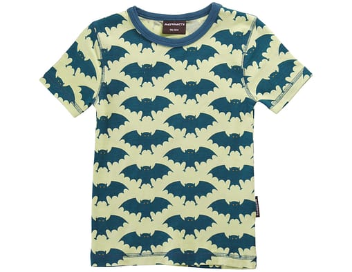 GOTS certified organic cotton t-shirt in bright green funky bat print by Maxomorra