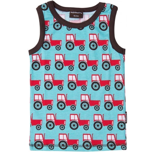 Organic cotton boys tractor vest in turquoise by Maxomorra