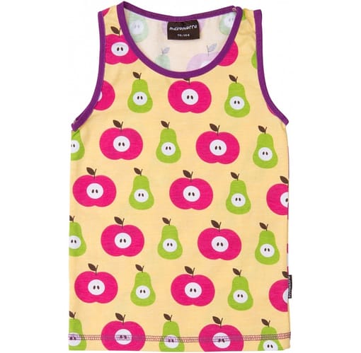 Pink apples and green pears on a yellow vest by Maxomorra - organic cotton girls underwear