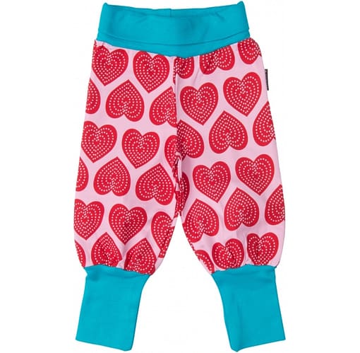Heart print baby trousers in bright pink by Maxomorra
