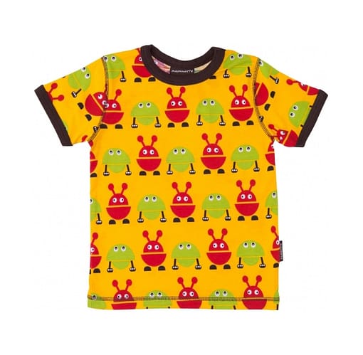 Yellow t-shirt with red and green monsters by Maxomorra