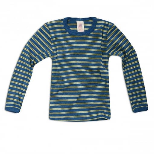 Organic wool and silk base layer childs vest in blue stripe by Engel