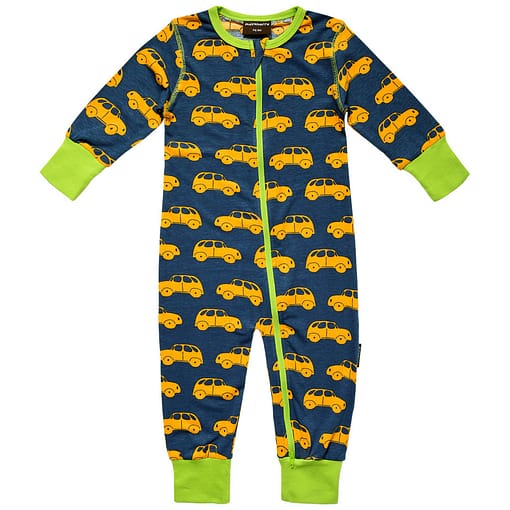 Zippered organic cotton romper sleepsuit in cars print by Maxomora