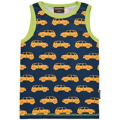 Organic cotton sleeveless vests by Maxomorra - Little cars in yellow on blue