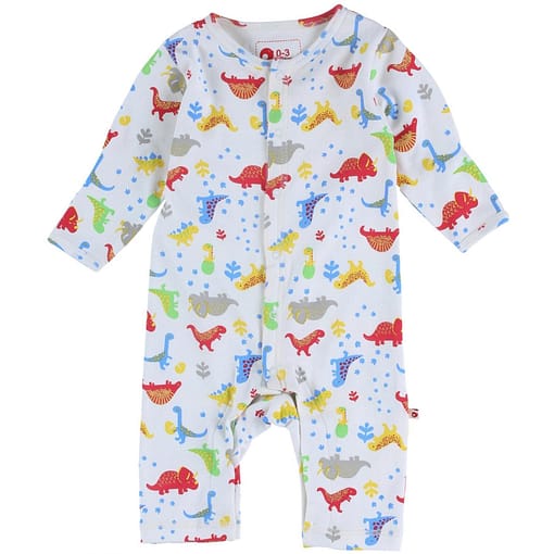 Bright unisex footprint dinosaur organic romper by Piccalilly 1