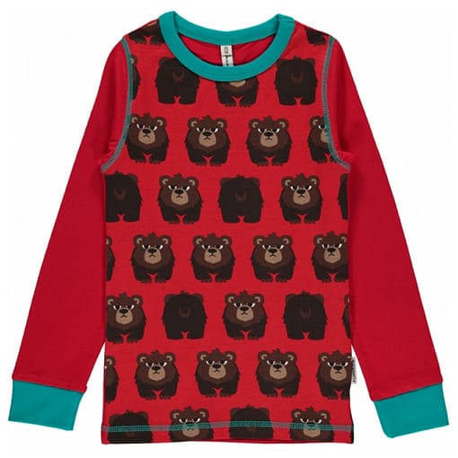 Bear all over print with red sleeves organic top by Maxomorra 1