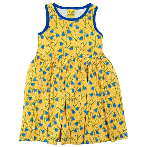 DUNS Sweden bluebell print on yellow organic sleeveless twirly dress 1