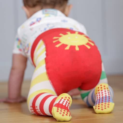 Piccalilly rainbow hotchpotch stripe baby crawler tights in organic cotton with sunshine bum 1