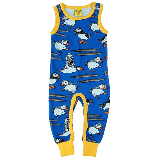 DUNS Sweden puffins print on blue organic cotton long dungarees 1