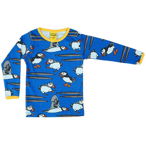 DUNS Sweden puffin print on blue long sleeve organic cotton top 1