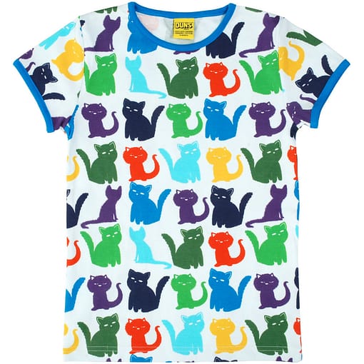 DUNS Sweden bright colours cat print on white organic cotton t-shirt 1