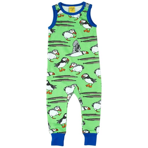DUNS Sweden puffins organic cotton long dungarees on green (80cm 9/12m) 1