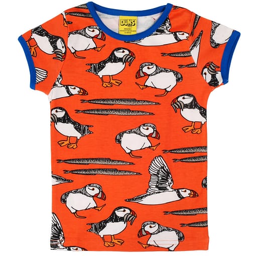 DUNS Sweden puffin print on 'watermelon red' organic cotton t-shirt 1