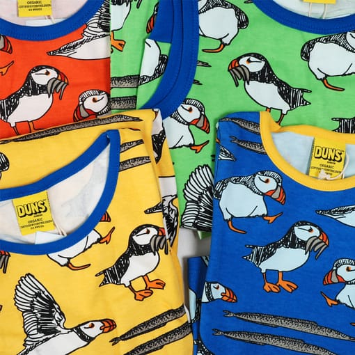 DUNS Sweden puffins print on blue organic cotton long dungarees 2