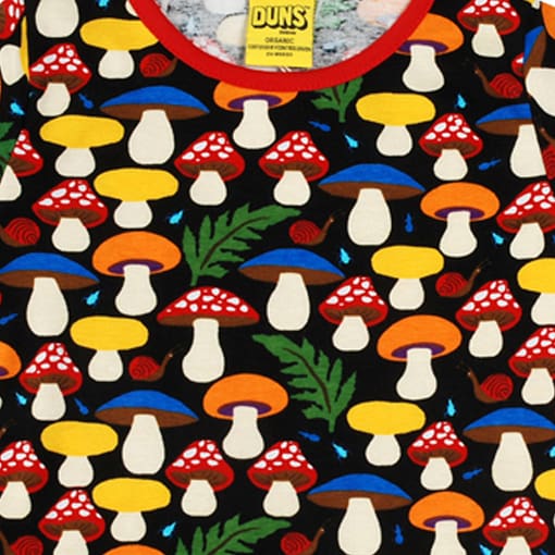 DUNS Sweden organic cotton ladies top in mushroom print on black 1