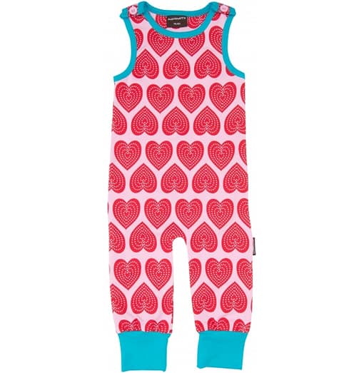 Pink hearts organic cotton dungarees in Scandi print by Maxomorra