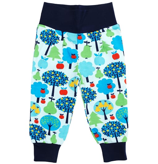 Orchard fruits print organic cotton baby clothes in bright unisex print by DUNS Sweden