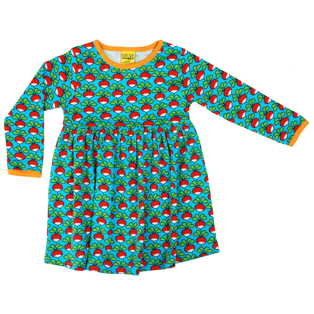 DUNS Sweden radish print on turquoise organic cotton twirly dress