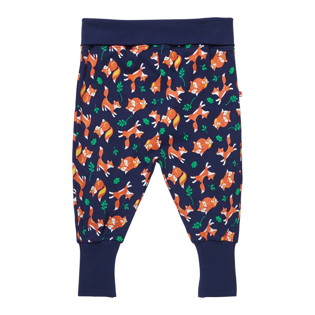 Fox print pull up trousers by Piccalilly in organic cotton | Uni and Jack