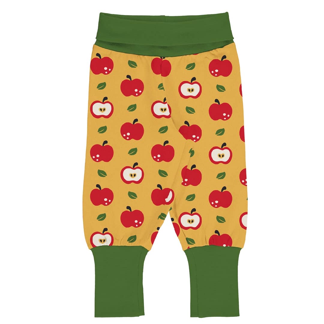 Maxomorra rib pants in apple print on yellow organic cotton 1 Maxomorra rib pants apple