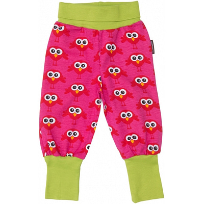 Cerise and red Scandi bright birds print trousers in organic cotton