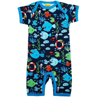 Fishes print by DUNS Sweden in summer romper organic cotton