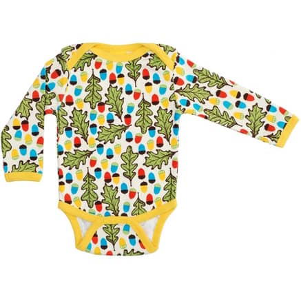 DUNS Sweden organic cotton bodysuit in acorn and oak leaves print