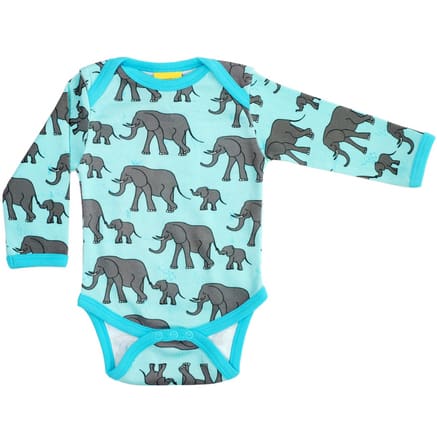 Turquoise elephant print long sleeve baby bodysuit