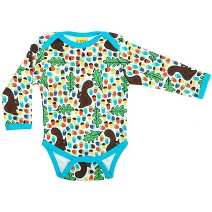 DUNS Sweden squirrels and acorns bodysuit with turquoise trim (6-9 months)