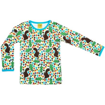 DUNS Sweden Squirrel and acorns on turquoise organic long sleeve top (98cm 2-3 years)