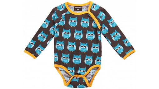 Bright unisex baby vest in blue owls print by Maxomorra