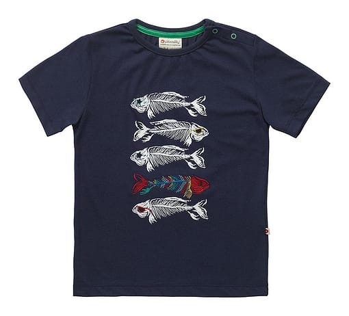 Skeleton fish t-shirt by Piccalilly on blue organic cotton