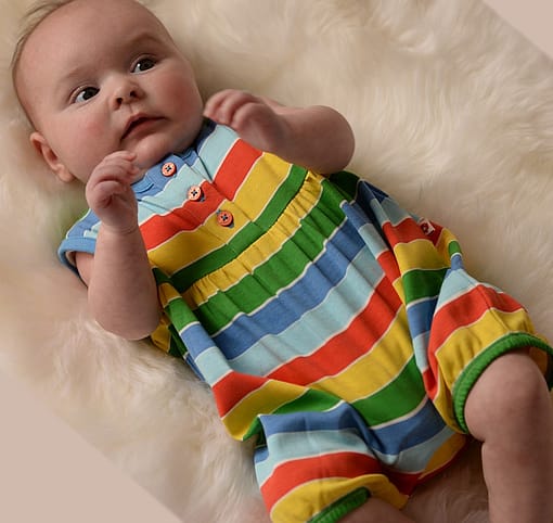 Rainbow stripe shortie romper by Piccalilly in organic cotton 2