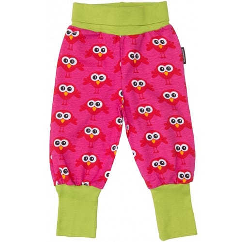 Cerise and red Scandi bright birds print trousers in organic cotton