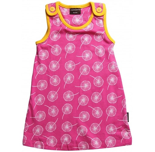Summer baby dress in cerise dandelion clock print