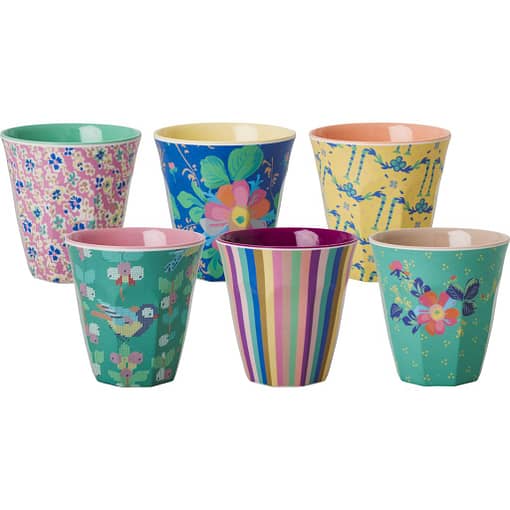 Set of 6 colourful small melamine cups by RICE of Denmark | Stripes & flowers