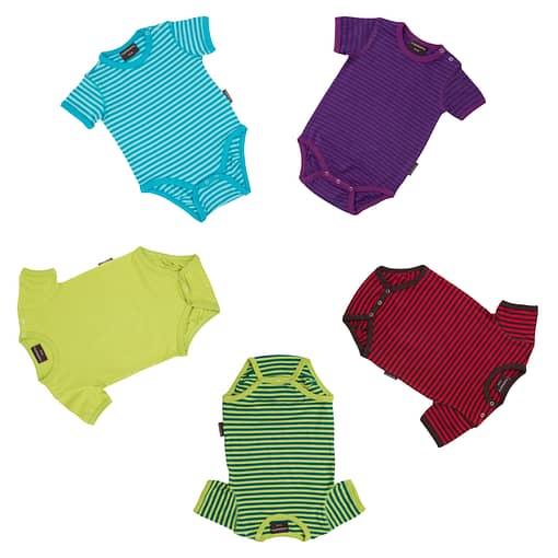 Unisex striped baby bodysuits with short sleeves by Maxomorra