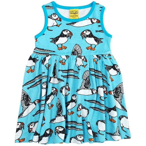 Turquoise puffin print sleeveless dress with gather skirt by DUNS Sweden