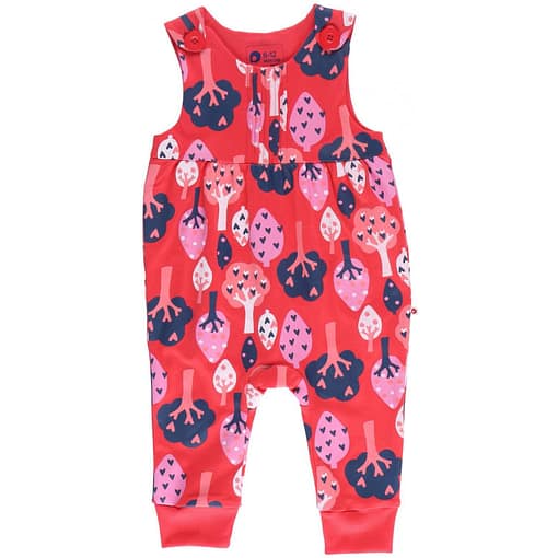 Forest dungarees by Piccalilly on red organic cotton