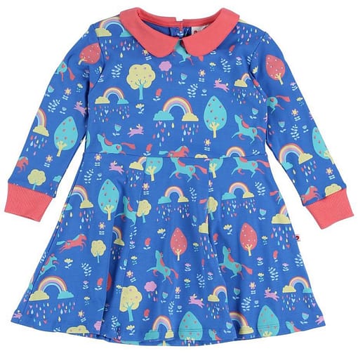 Rainbow forest skater dress by Piccalilly on blue organic cotton