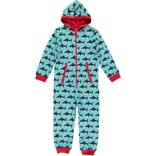 Organic onesie hooded pyjamas in Maxomorra sharks print (18-24m, 2-3)