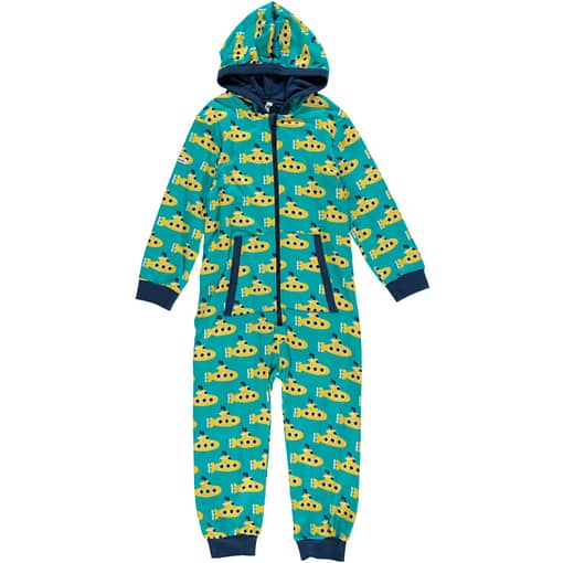 Organic cotton one piece hooded pyjamas in Maxomorra yellow submarine print (18-24m 2-3)