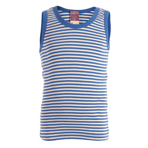 Living crafts ~ Blue and White organic sleeveless cotton child's vest (2 years)