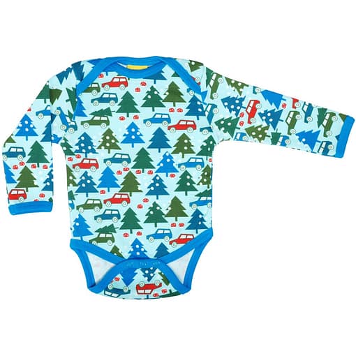 DUNS Sweden Winter trip on blue organic cotton long sleeve baby vest