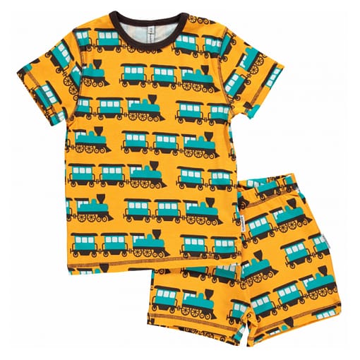 Maxomorra organic cotton summer short sleeve pyjamas in train design (Age 4-6)