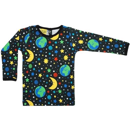 DUNS Sweden mother earth print on black organic cotton long sleeve top