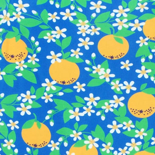 DUNS Sweden ladies t-shirt in oranges on blue organic cotton (Large)